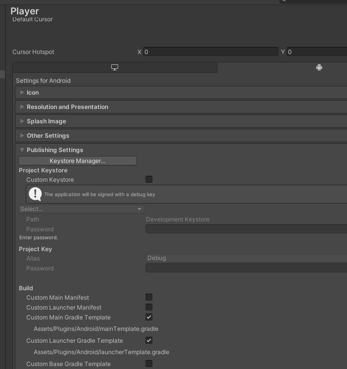 Publishing Setting section open with "Custom Main Gradle Template" and "Custom Launcher Gradle Template" open